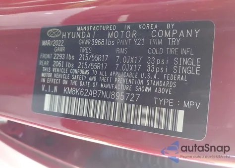 2022 Hyundai Kona Sel z USA, uszkodzony, nr VIN KM8K62AB7NU895727